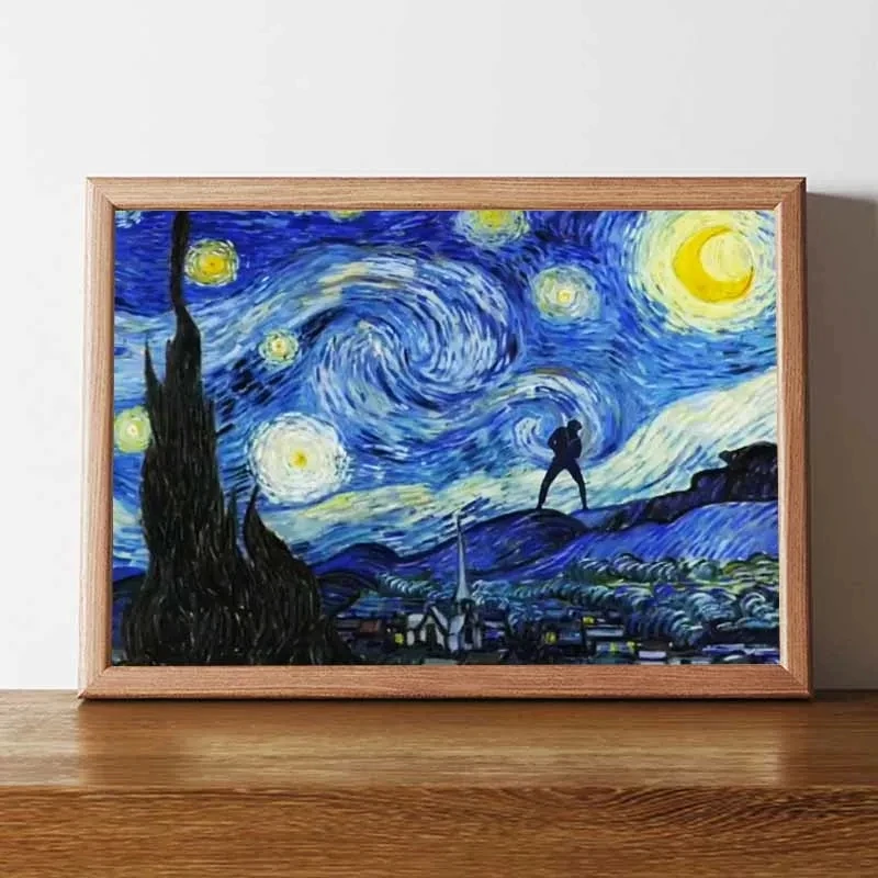 星坤夜恶搞梵高星月夜世界名画相框蔡徐坤搞笑挂画小黑子装饰画潮