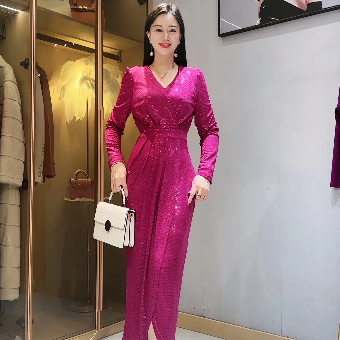 高端2024秋新款气质时尚闪亮女神修身显瘦女人味连衣裙8873