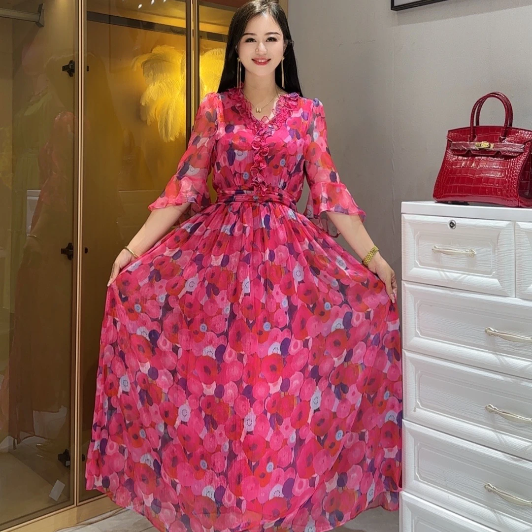 2024夏季新款施施定制荷叶边温柔风甜美轻奢风V领碎花连衣裙99128
