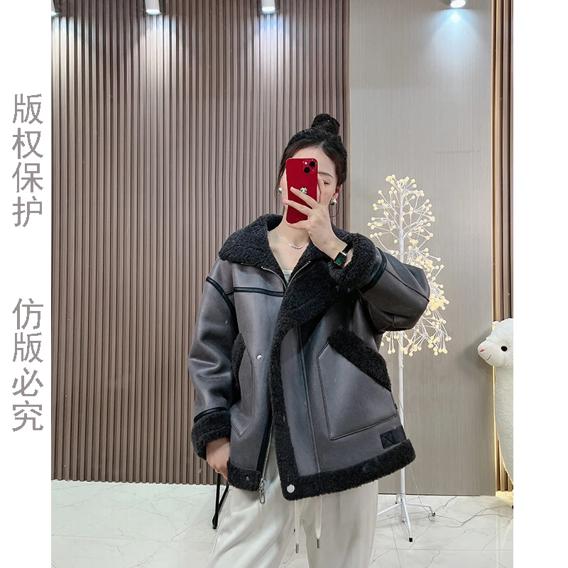 HANYU/韩禹23606新款羊毛外套女宽松显瘦颗粒绒羊剪绒大衣休闲