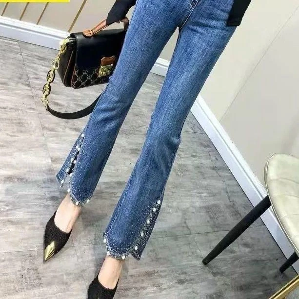 开叉牛仔裤女2024新款春秋钉珠弹力显瘦高腰百搭时尚烫钻微喇叭裤