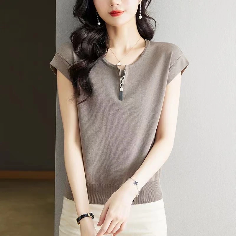 宽松遮肚【80-180斤】夏季新款假两件冰丝短袖T恤女时尚拉链上衣潮