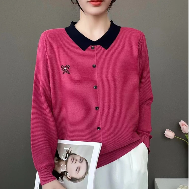 宽松遮肚【80-180斤】蝴蝶结刺绣翻领针织毛衣女秋冬季时尚打底上衣