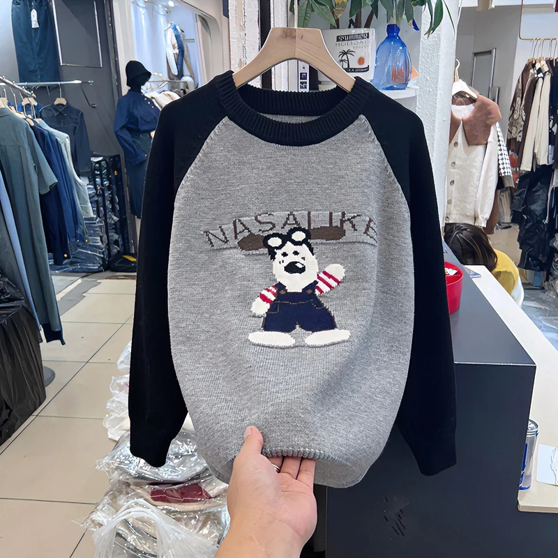 大码女装美式慵懒时尚插肩袖秋冬趣味卡通图案小狗软糯毛衣打底衫