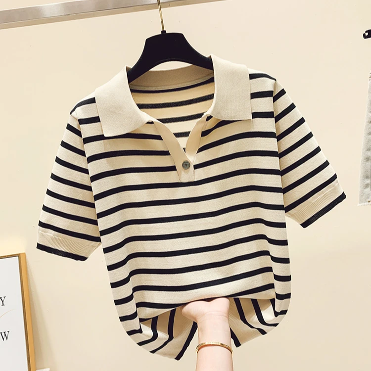 宽松遮肚【80-180斤】条纹冰丝短袖女夏季新款Polo领针织衫T恤上衣