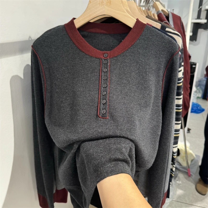 宽松遮肚【80-180斤】拼色纽扣圆领针织毛衣女秋冬季百搭打底衫上衣