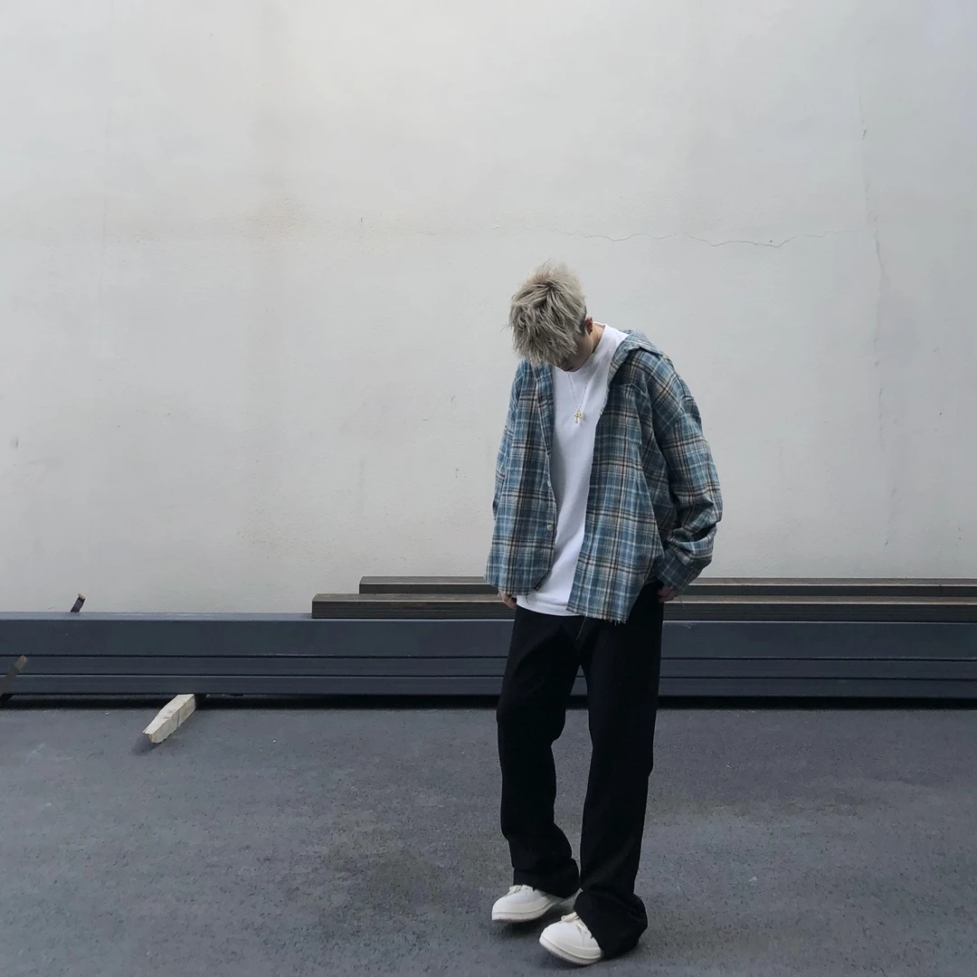 TZG头子哥美式复古杏色格纹衬衫休闲oversize情侣男女款百搭秋季