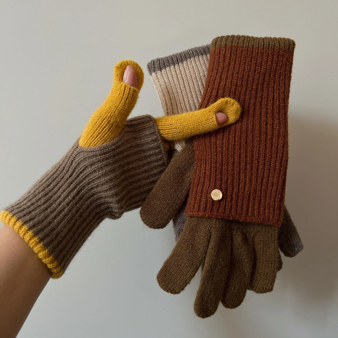 日系美拉德触屏保暖手套秋冬女针织骑行防风防寒学生长短两用拼色