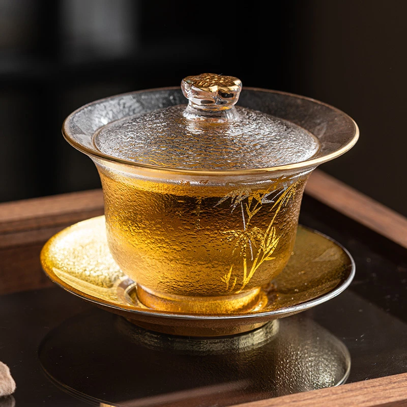 描金梅兰竹菊水晶三才盖碗茶杯家用功夫茶具配件加厚不烫手泡茶器
