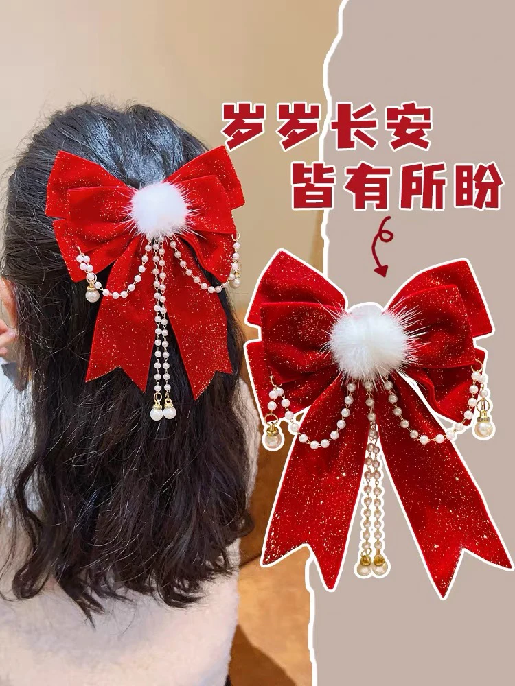 女童红色大蝴蝶结发夹新年发饰儿童发卡小女孩后脑勺毛绒夹子头饰
