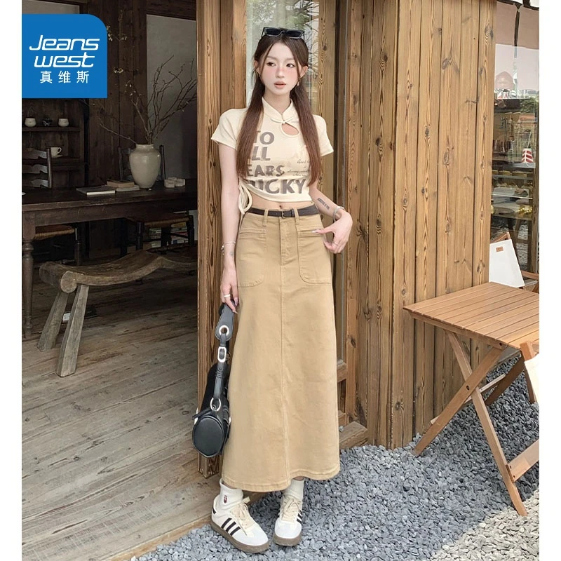 2025年春夏新款高腰显瘦后开叉时尚百搭牛仔裙女包臀半身裙子