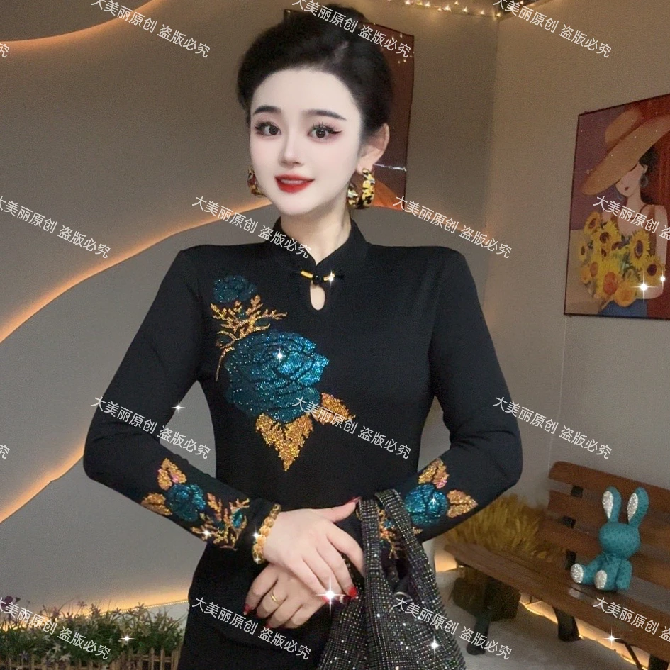 【秋冬新款】新中式玫瑰夫人秋冬加绒款洋气时尚长袖打底衫女8168