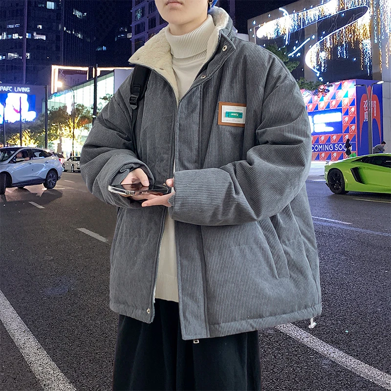 灯芯绒冬季棉服男士潮牌加厚内胆羊羔绒宽松立领男生保暖棉衣外套