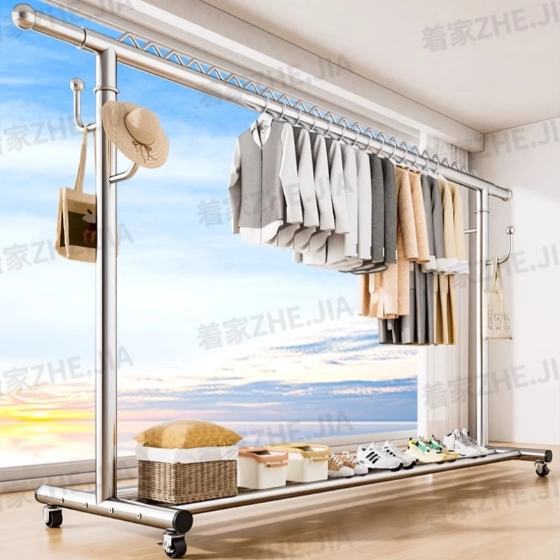 加粗不锈钢晾衣架衣帽架落地可伸缩挂衣架家用阳台晒衣架晒被子架