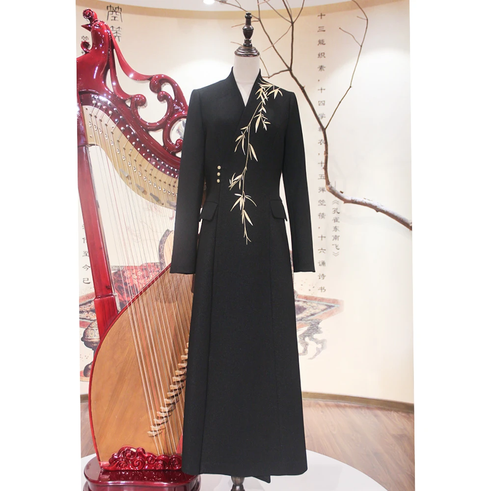 【松竹入墨】春款新中式国风黑色竹叶印花气质修身长款连衣裙