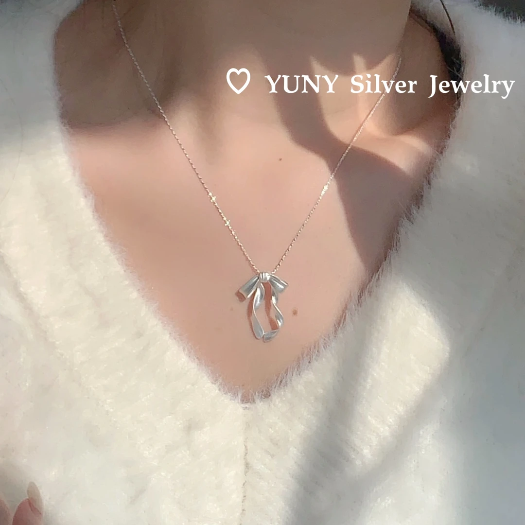 坠链均925银 磨砂飘带蝴蝶结简约甜美气质风纯银项链锁骨链闪光链