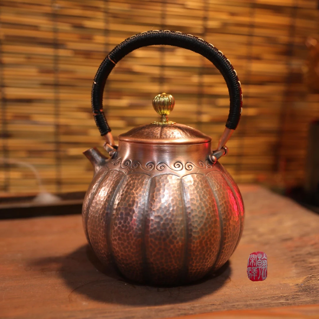 【翰闲阁】1100ml古法旧色手工打制南瓜型紫铜提梁煮茶壶茶道茶器