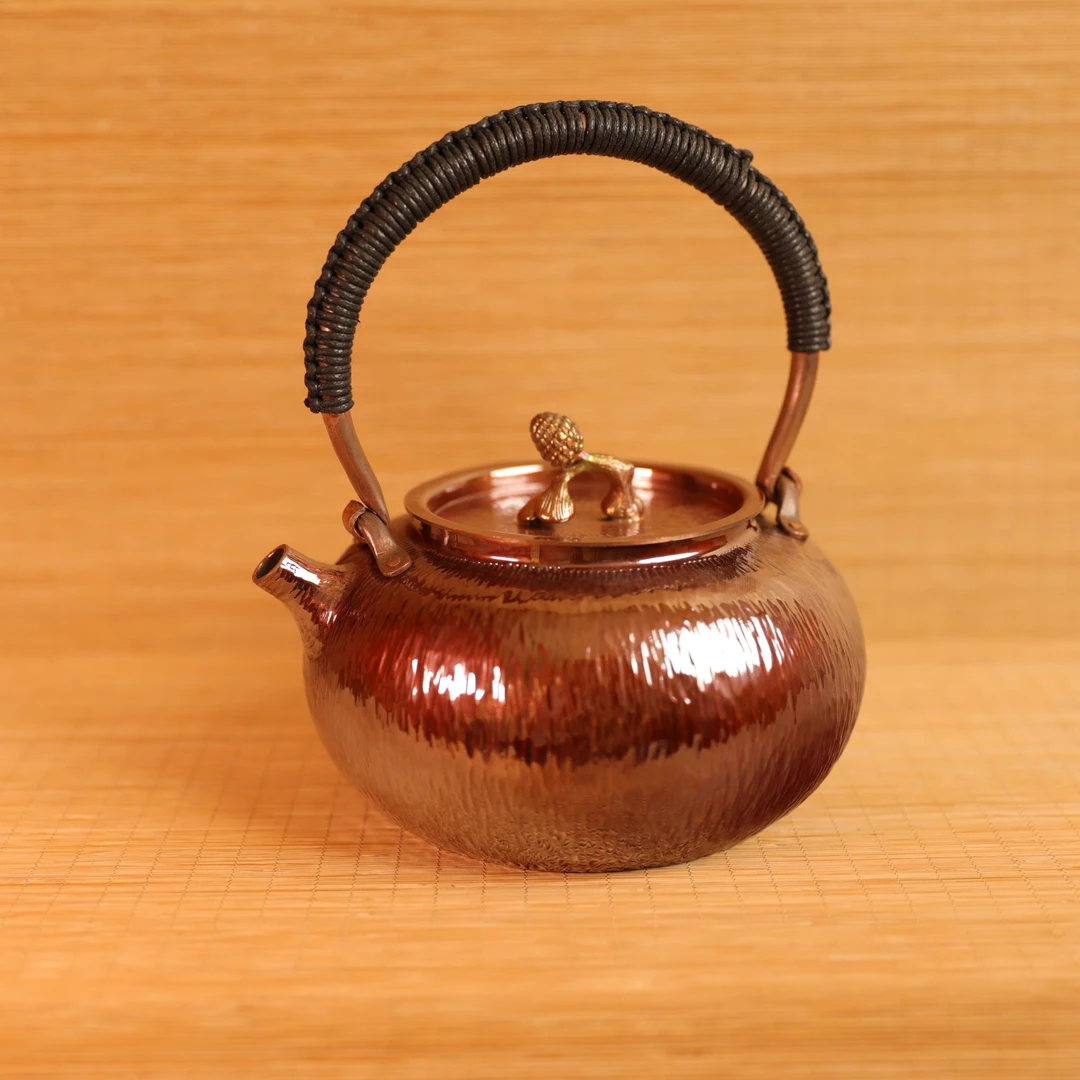 【紫铜茶具】1000ml 烤色竖纹提梁紫铜烧水壶静香茶具茶器 茶道煮茶