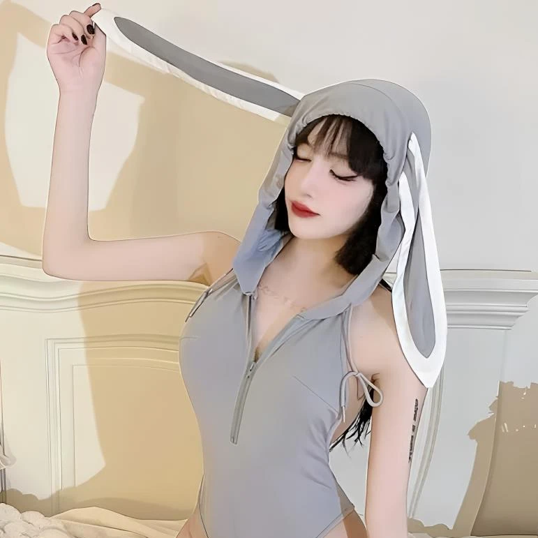 「甜心灰兔」清纯优雅镂空露背拉链兔女新款连帽瑜伽通勤连体