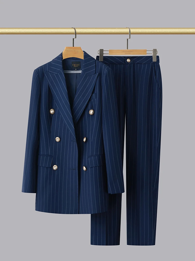 套装正式场合女高级感2024深蓝条纹修身通勤OL风高端女士西服套装