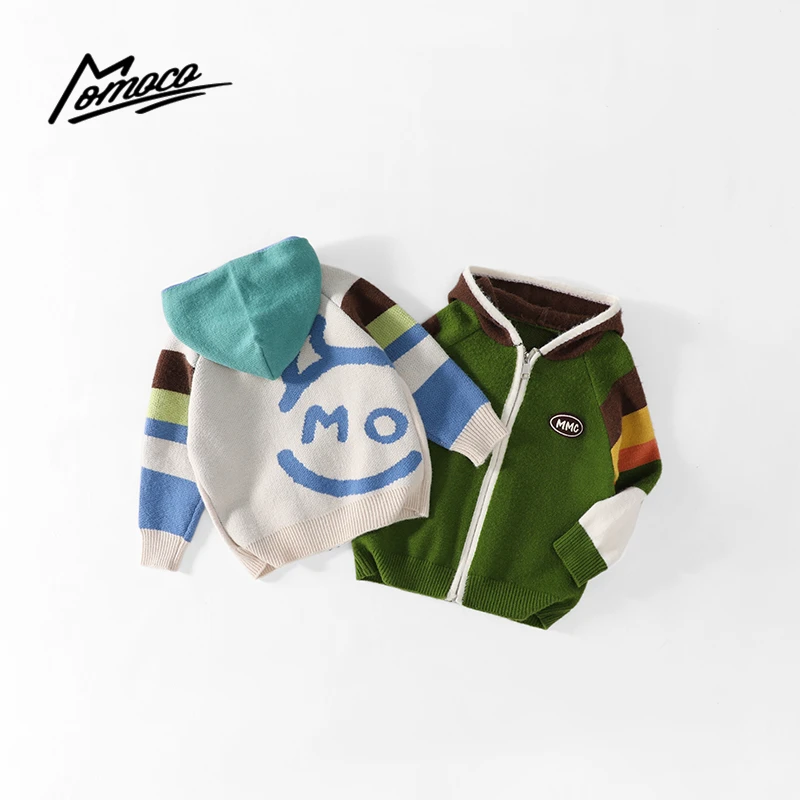 MOMOCO秋季新款男童时尚拼色带帽中小童毛衣开衫75430112005