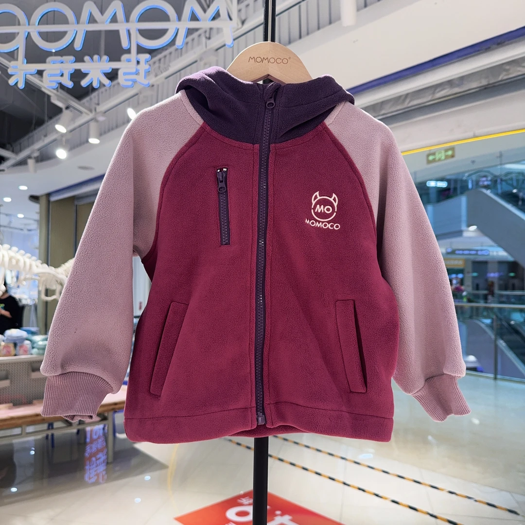MOMOCO冬季新款女童拼色绣花休闲带帽外套75430107124