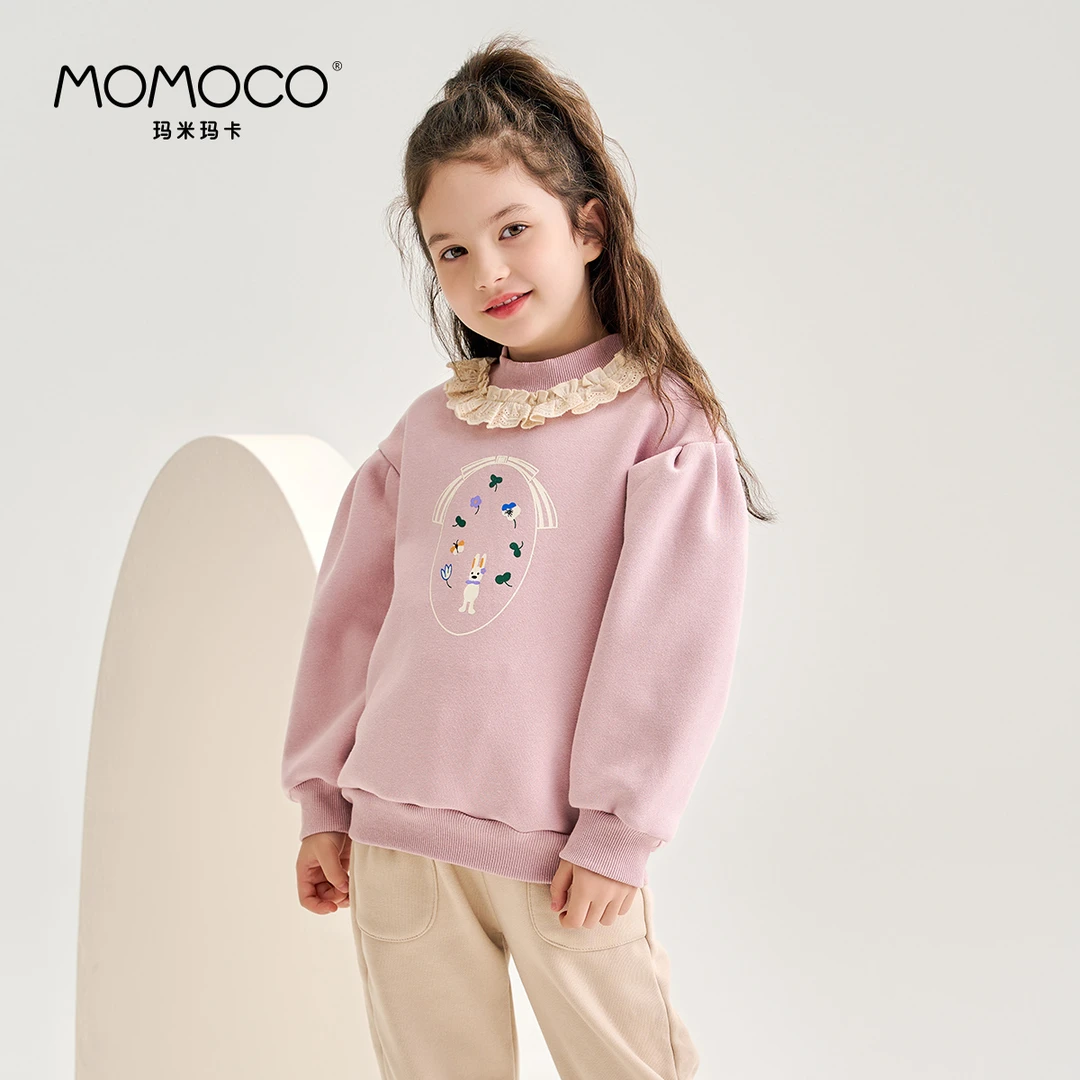 MOMOCO女童冬季长袖加绒保暖洋气花边领兔子韩版卫衣76830232205