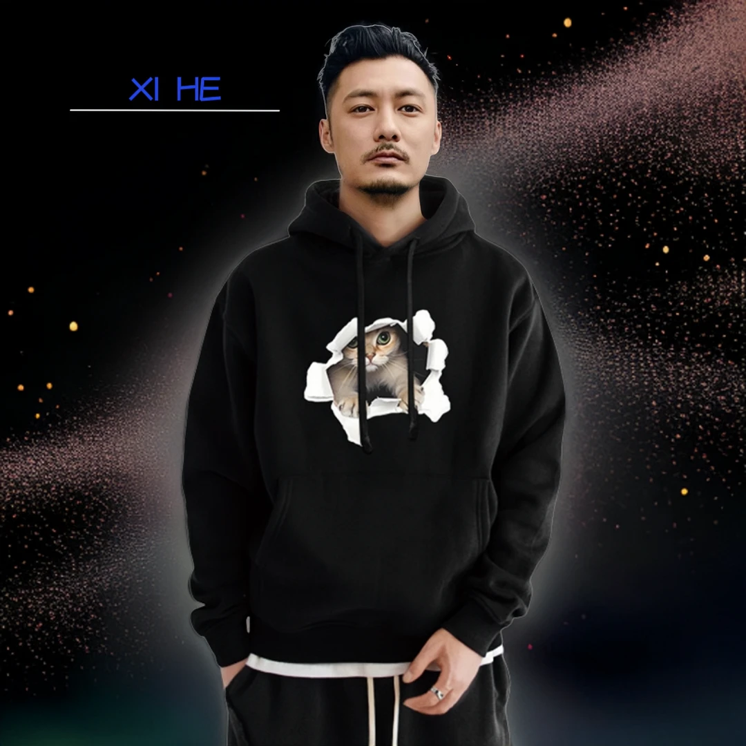 潮牌可爱猫咪连帽卫衣男2024春秋款加绒情侣宽松休闲时尚黑色上衣