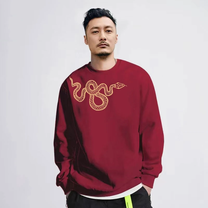 潮牌圆领男士卫衣2024秋冬款加绒加厚红色宽松蛇年本命年衣服情侣