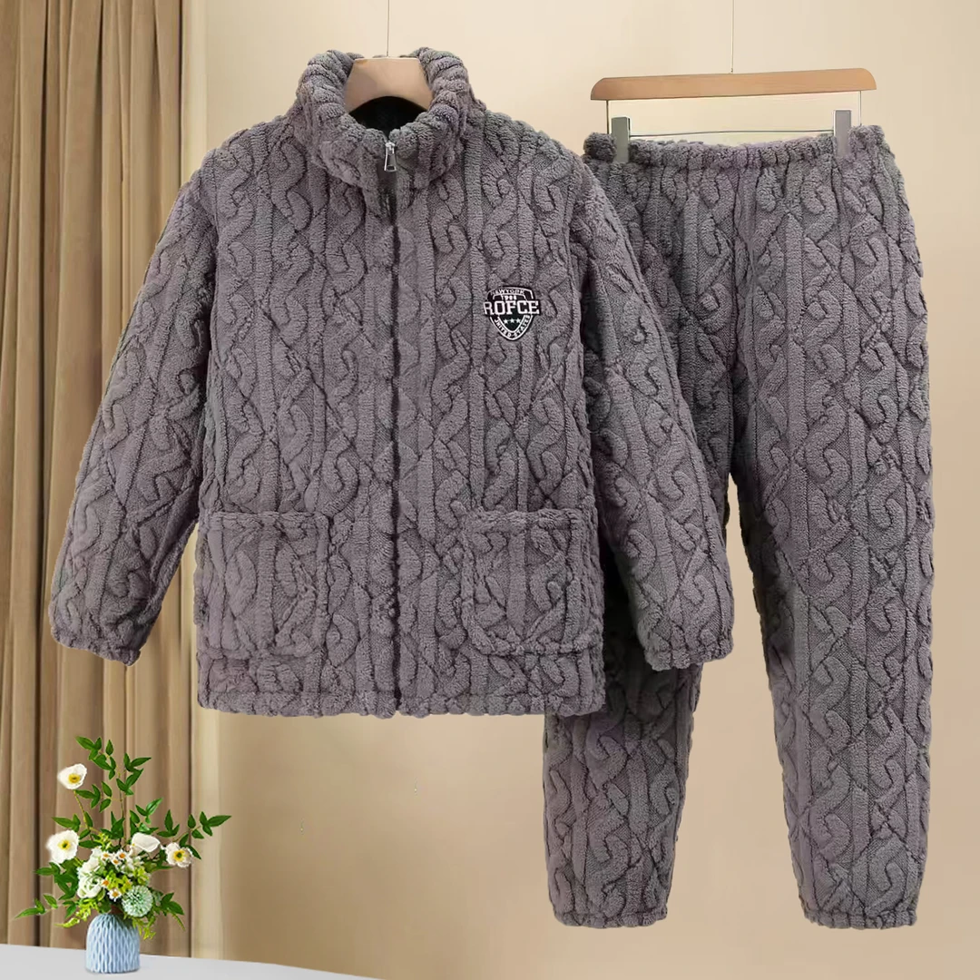 男款秋冬季睡衣三层加厚加绒法兰绒夹棉袄冬款大码保暖套装家居服