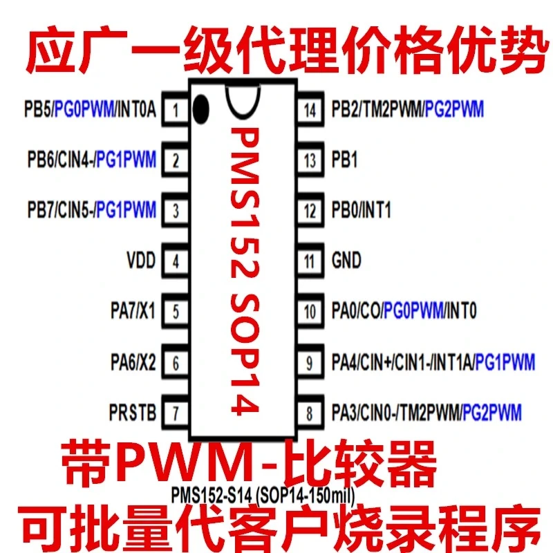 应广单片机PMS152-SOP14/SOP16兼容九齐单片机一级代理单个0.18