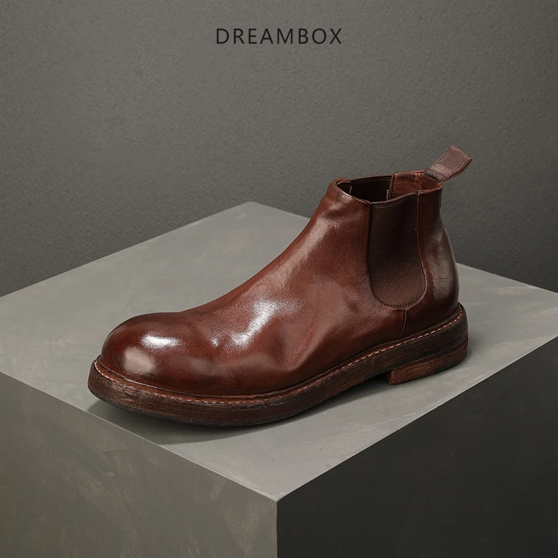 dreambox钧博vibram高端马皮切尔西靴手工固特异短靴圆头英伦皮靴