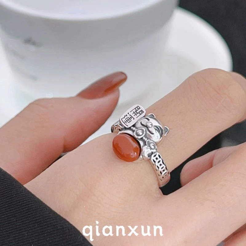 925银戒指 【铜钱猫咪】复古重工小众创意2024年新款