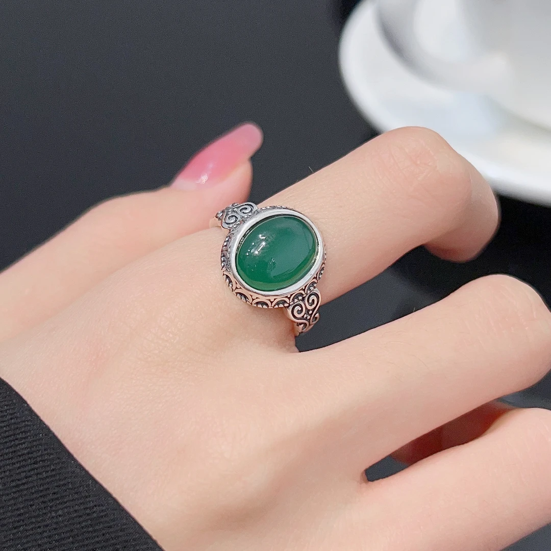 925银戒指 复古绿锆石图腾开口指环女时尚儒雅2024年新款