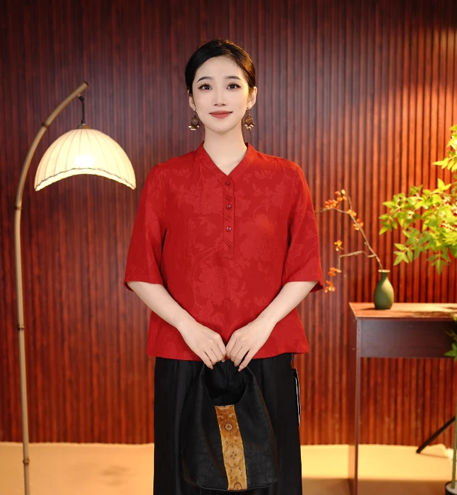 柒夫人真丝香云纱大红色牡丹花纹上衣25002