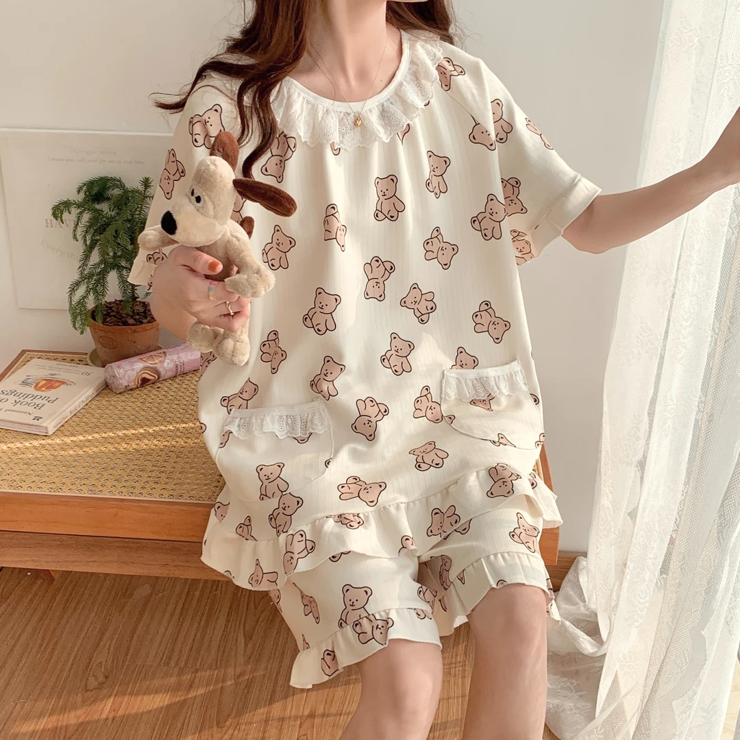 2024夏季甜美少女韩版宽松睡衣大码300斤花边短袖短裤套装家居服