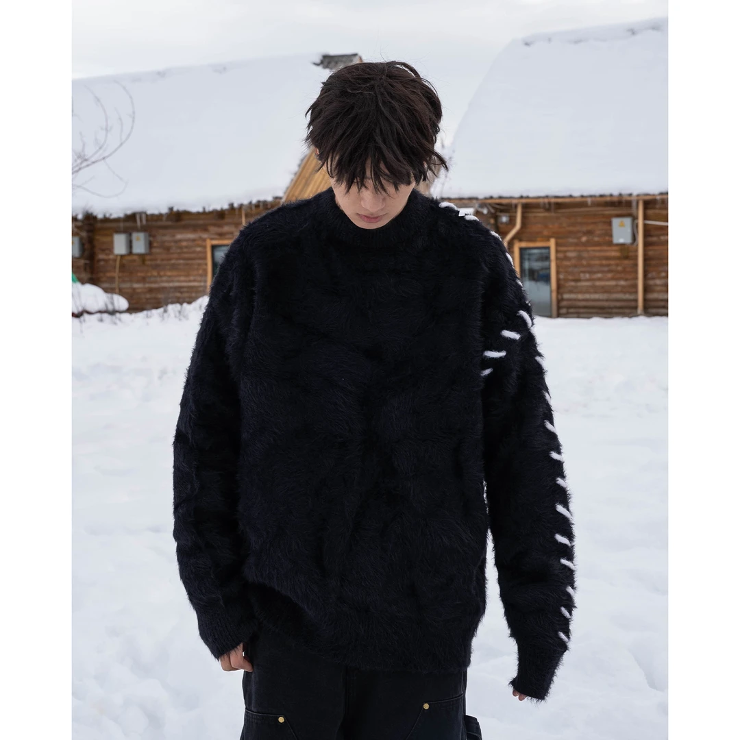 S123【软糯毛衣】冬季慵懒高级感毛衣oversize圆领闲休针织情侣衫潮