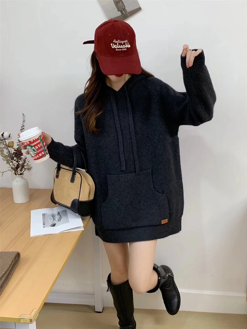 秋冬连帽中长款针织衫百搭宽松