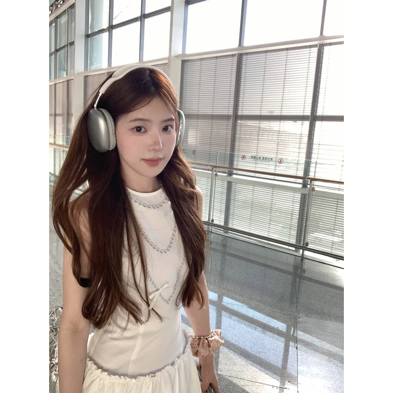 DeeeeFuu沛沛 卡圣特出游 原创少女感珍珠印花背心连衣裙夏季短裙