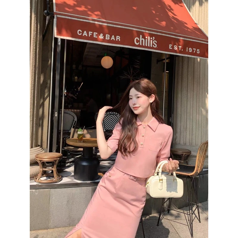 DeeeeFuu沛沛 蜜桃梦境 气质温柔显瘦POLO衫高腰休闲半裙夏季套装