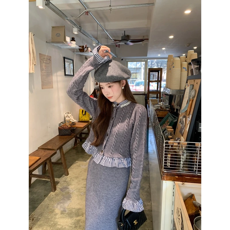 DeeFuu沛沛 鲁森赴宴 韩系麻花针织套装女珍珠领假两件针织开衫