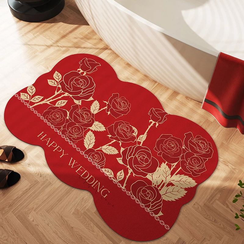 硅藻泥婚房装饰红色喜字结婚红地垫防滑脚垫家用浴室吸水垫洗手台
