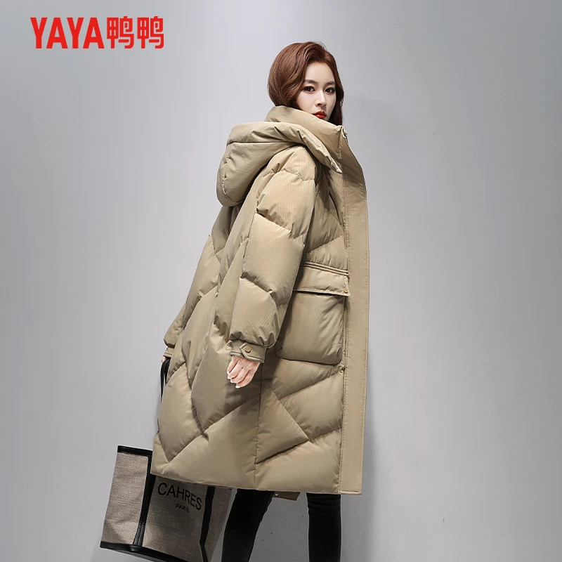 YAYA/鸭鸭长款羽绒服女2024年冬季新款时尚潮流百搭加厚连帽外套
