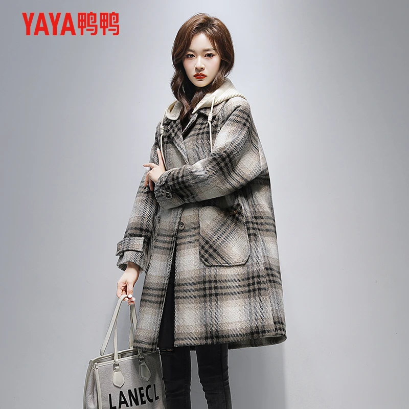 YAYA/鸭鸭女中长款冬季新款时尚潮流百搭连帽鸭绒大衣羽绒服