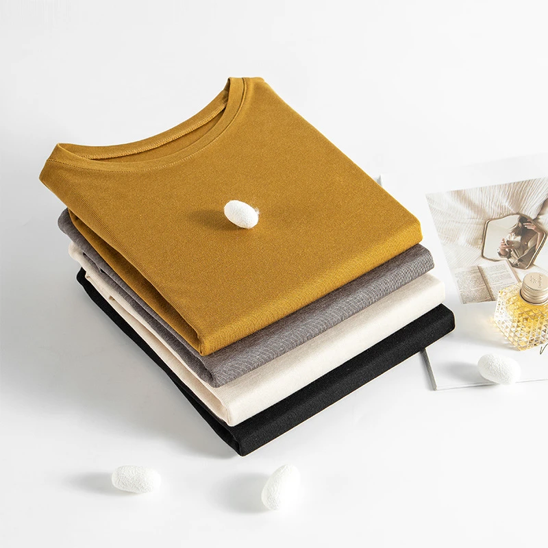 【孤品大叔专享】桑蚕丝针织打底衫女春新内搭蚕丝保暖修身长袖纯色