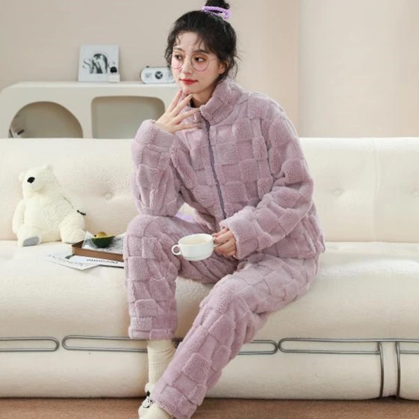 睡衣女套装宽松加绒加厚冬天保暖家居服-L008