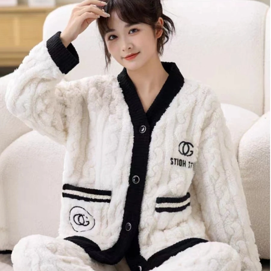 瑚绒睡衣女宿舍加厚加绒法兰绒家居服套装可外穿冬天
