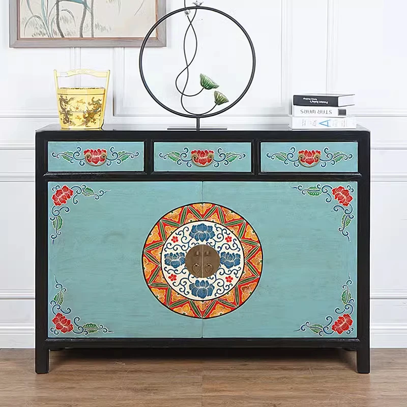 新古典中式玄关柜储物柜鞋柜斗柜手绘画花老实木榆木明清彩绘做旧