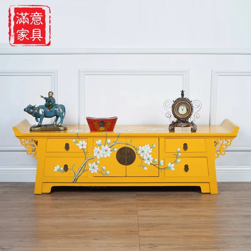 复古中式电视柜彩绘实木家具仿古做旧客厅地柜手绘储物收纳装饰柜