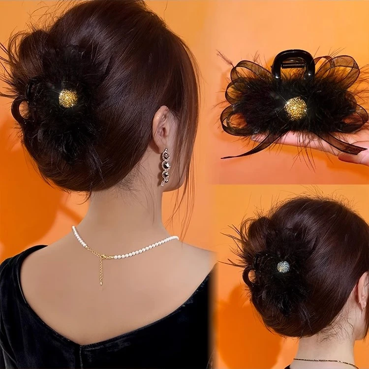 羽毛抓夹气质高级感鲨鱼夹秋冬款女后脑勺显发量毛毛发夹盘发夹子
